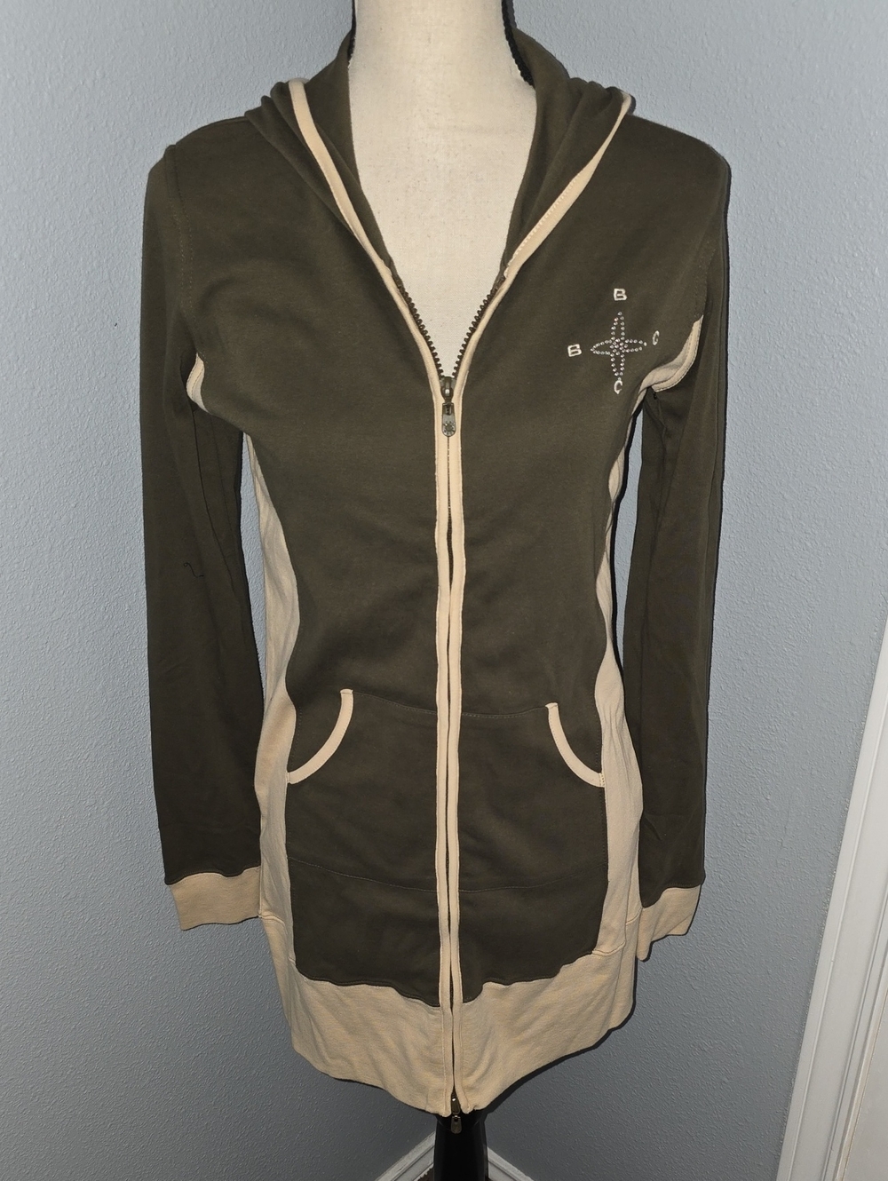 BCBGMaxAzria Olive Green and Cream Hooded Zip Dress Sz S
